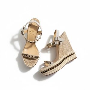 Christian Louboutin Neutral Beige Wedge Sandals with Gold Pyramid Studs